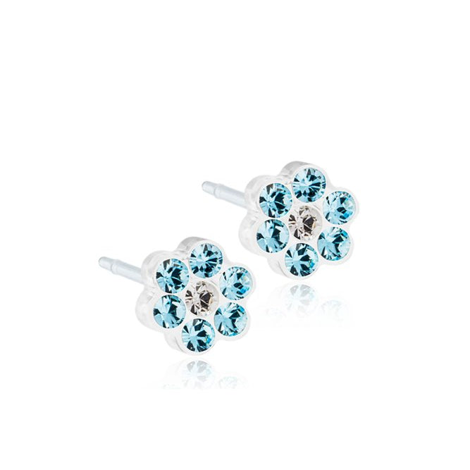 Oorbellen Blomdahl medical plastic bloemetje aqua blauw (incl. achterkantjes) - Staartjes en Strikjes