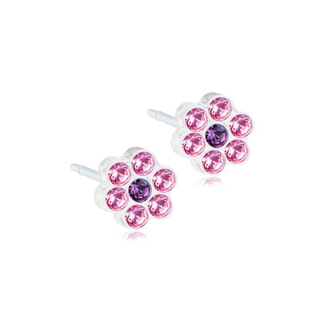 Oorbellen Blomdahl medical plastic bloemetje lichtroze/paars (incl. achterkantjes)