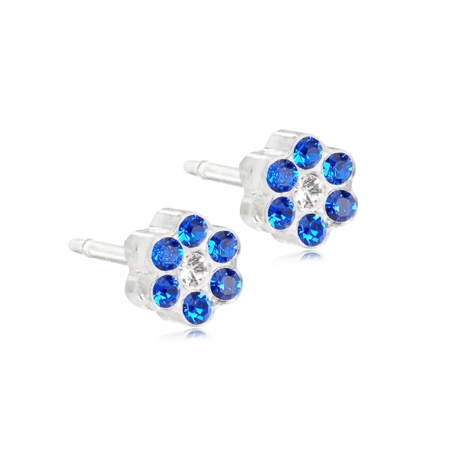 Oorbellen Blomdahl medical plastic bloemetje saffier blauw (incl. achterkantjes)