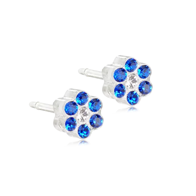 Oorbellen Blomdahl medical plastic bloemetje saffier blauw (incl. achterkantjes) - Staartjes en Strikjes
