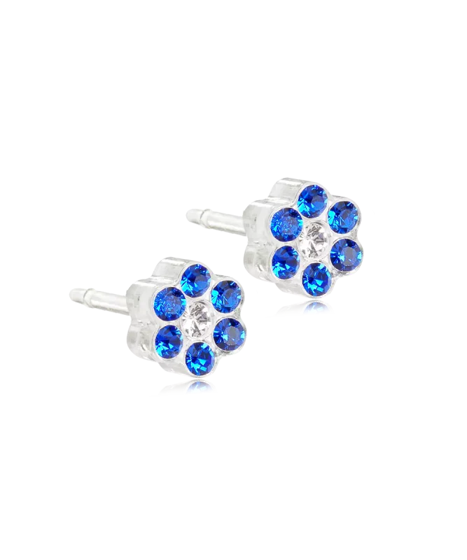 Oorbellen Blomdahl medical plastic bloemetje saffier blauw (incl. achterkantjes) - Staartjes en Strikjes