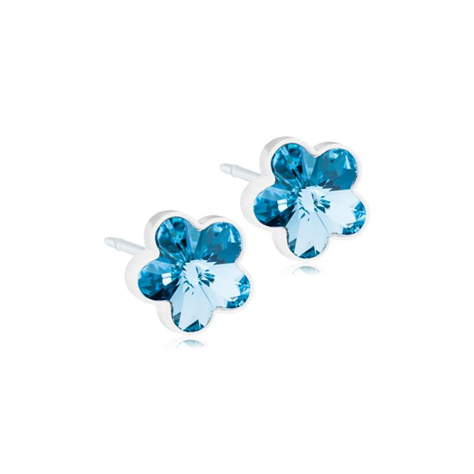 Oorbellen Blomdahl medical plastic bloemetjes aqua blauw (incl. achterkantjes) - Staartjes en Strikjes