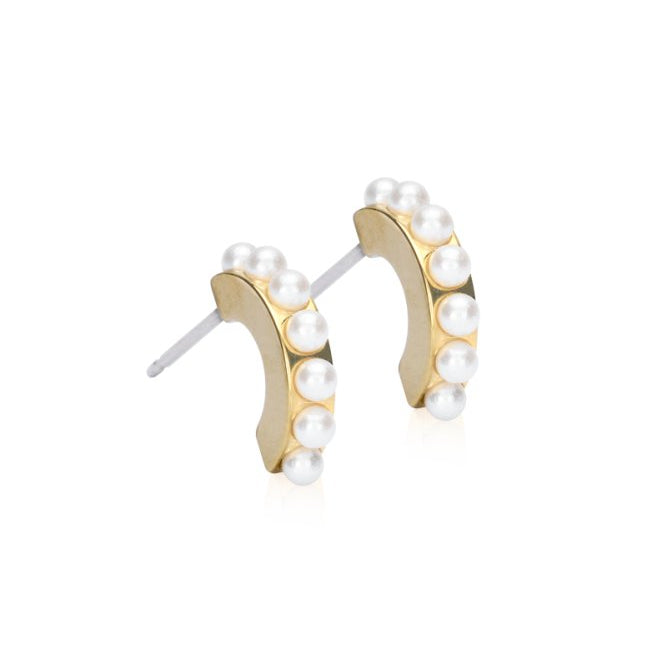 Oorbellen Blomdahl titanium boogje goudkleurig met crystal pearls 10 mm. (incl. achterkantjes) - Staartjes en Strikjes
