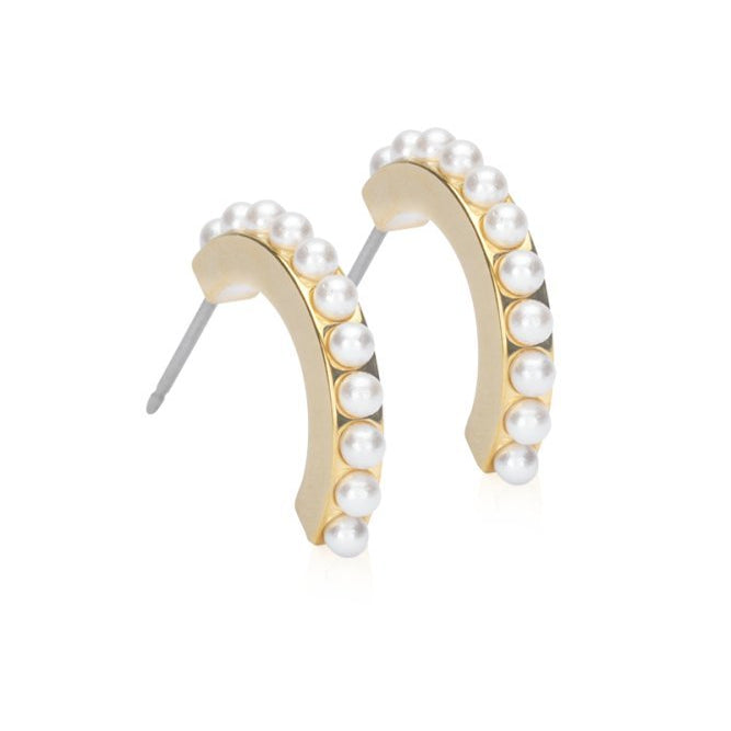 Oorbellen Blomdahl titanium boogje goudkleurig met crystal pearls 15 mm. (incl. achterkantjes)