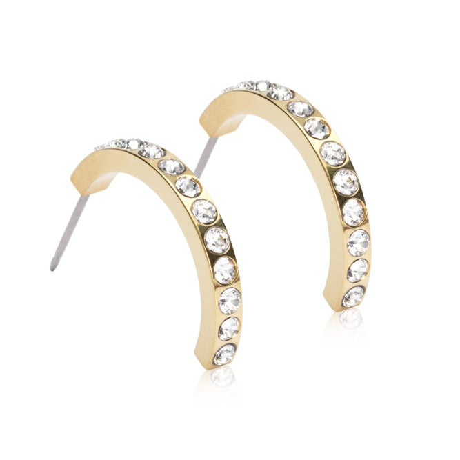 Oorbellen Blomdahl titanium boogje goudkleurig met crystal steentjes 20 mm. (incl. achterkantjes) - Staartjes en Strikjes