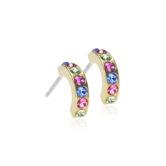 Oorbellen Blomdahl titanium boogje goudkleurig met crystal steentjes gekleurd 10 mm. (incl. achterkantjes) - Staartjes en Strikjes