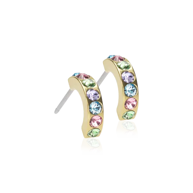 Oorbellen Blomdahl titanium boogje goudkleurig met gekleurde crystal steentjes 10 mm. (incl. achterkantjes) - Staartjes en Strikjes