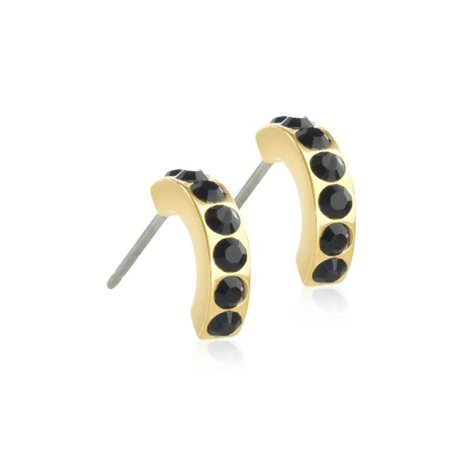 Oorbellen Blomdahl titanium boogje goudkleurig met zwarte kristalletjes 10 mm. (incl. achterkantjes) - Staartjes en Strikjes