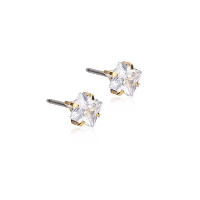Oorbellen Blomdahl titanium goudkleurig knopje 5 mm. zirconiasteentje - Staartjes en Strikjes