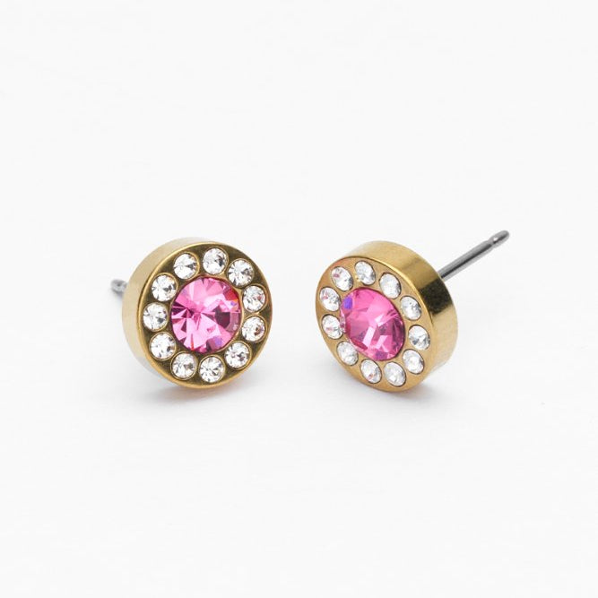 Oorbellen Blomdahl titanium goudkleurig rondje crystal roze 8 mm. (incl. achterkantjes) - Staartjes en Strikjes