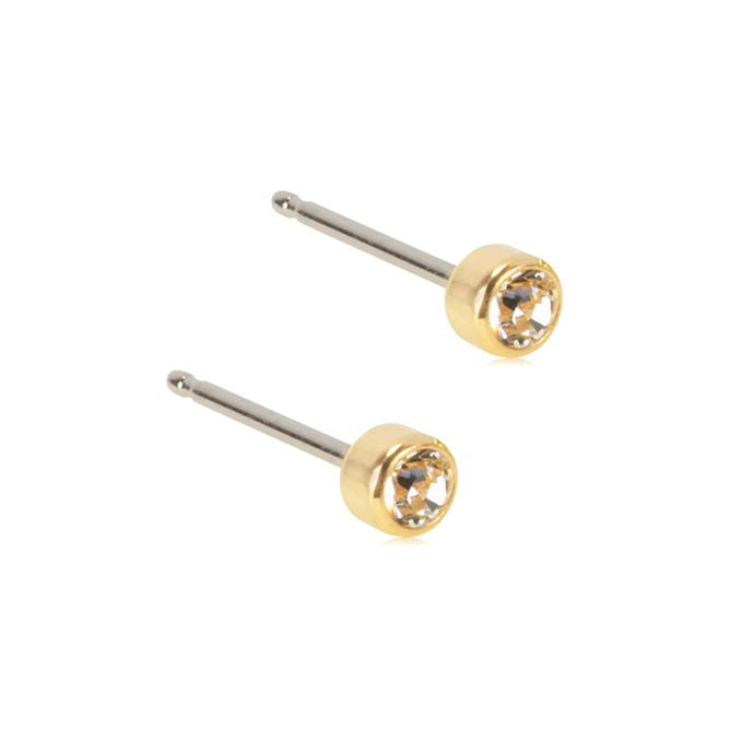Oorbellen Blomdahl titanium knopje 3 mm. crystal goudkleurig (incl. achterkantjes) - Staartjes en Strikjes