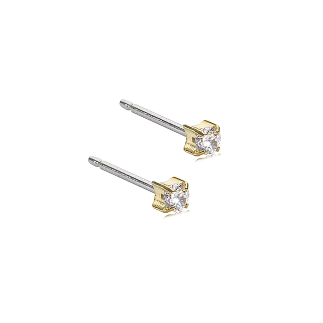 Oorbellen Blomdahl titanium knopje 3 mm. zirconiasteentje goudkleurig (incl. achterkantjes) - Staartjes en Strikjes