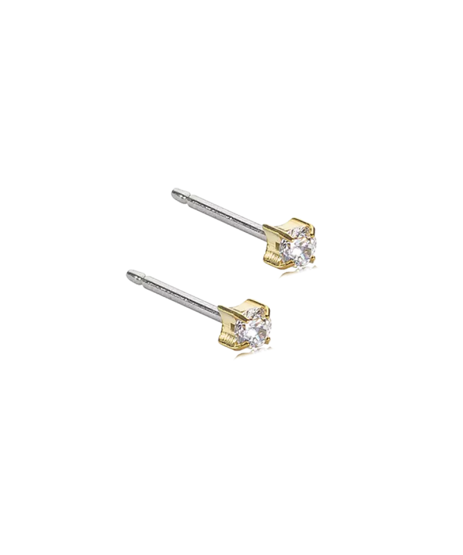 Oorbellen Blomdahl titanium knopje 3 mm. zirconiasteentje goudkleurig (incl. achterkantjes) - Staartjes en Strikjes