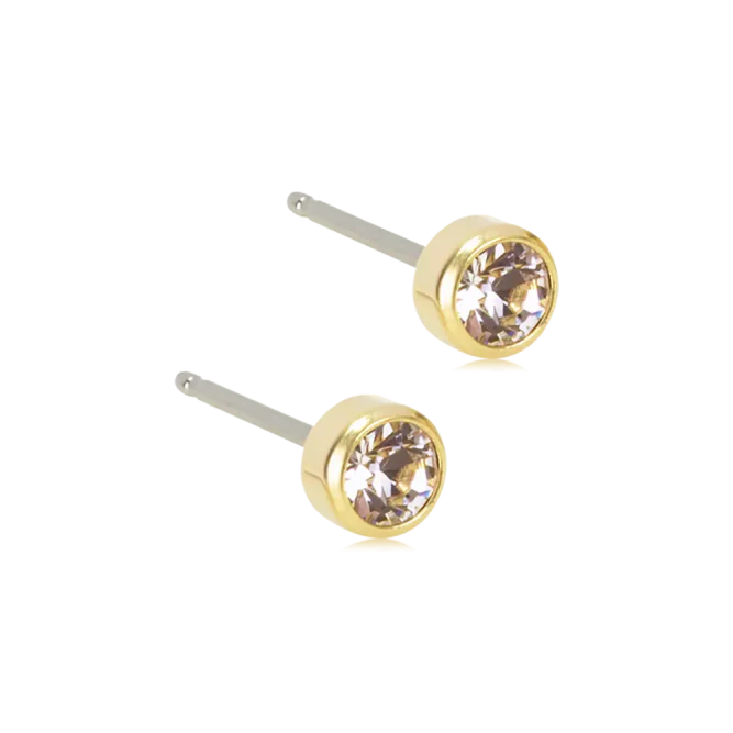 Oorbellen Blomdahl titanium knopje 4 mm. crystal goudkleurig (incl. achterkantjes) - Staartjes en Strikjes