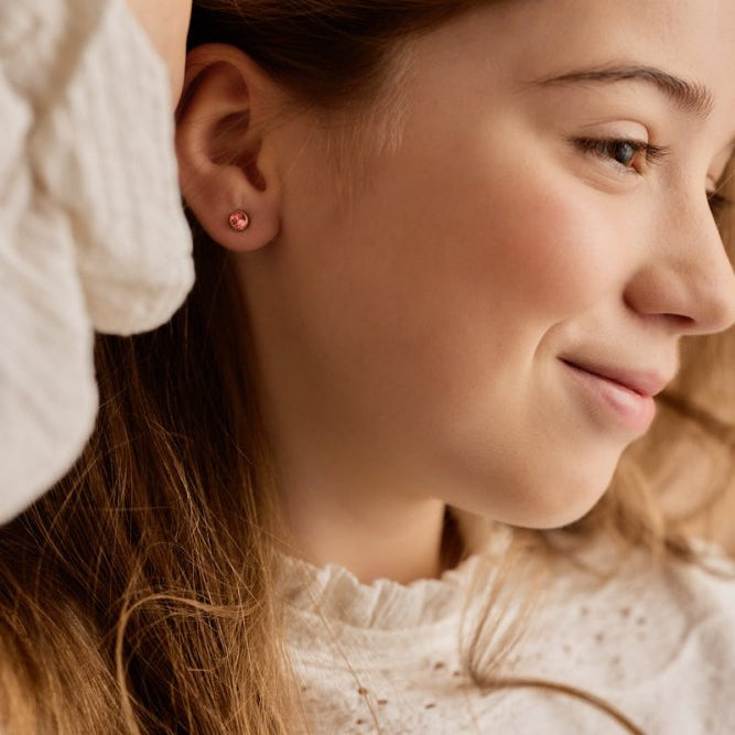 Oorbellen Blomdahl titanium knopje 5 mm. goudkleurig roze crystal (incl. achterkantjes)