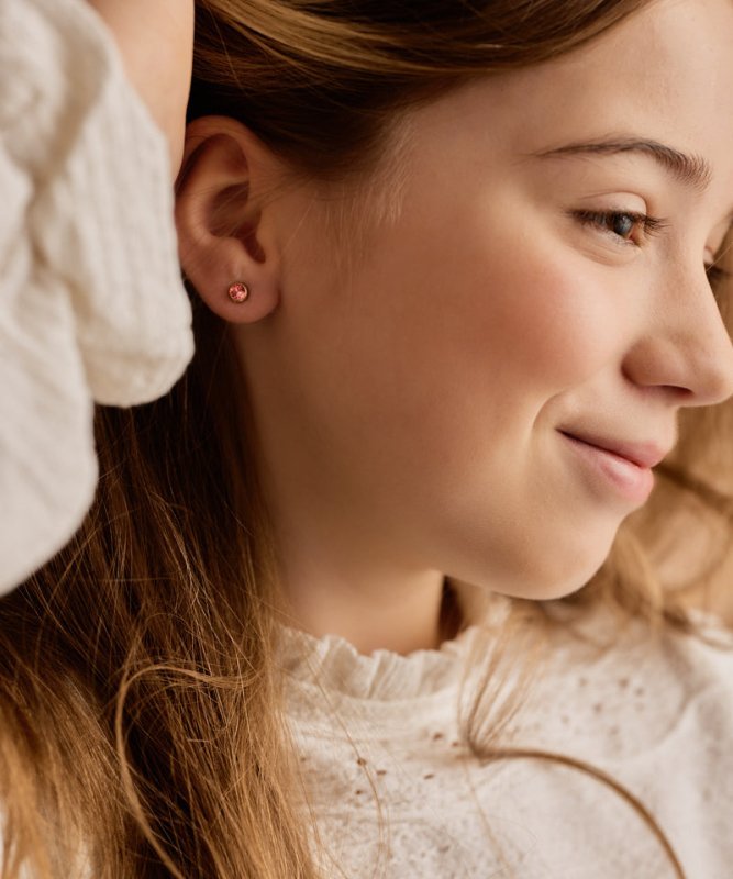 Oorbellen Blomdahl titanium knopje 5 mm. goudkleurig roze crystal (incl. achterkantjes)