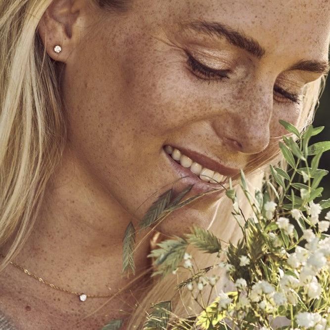 Oorbellen Blomdahl titanium knopje 5 mm. zirconiasteentje goudkleurig (incl. achterkantjes) - Staartjes en Strikjes