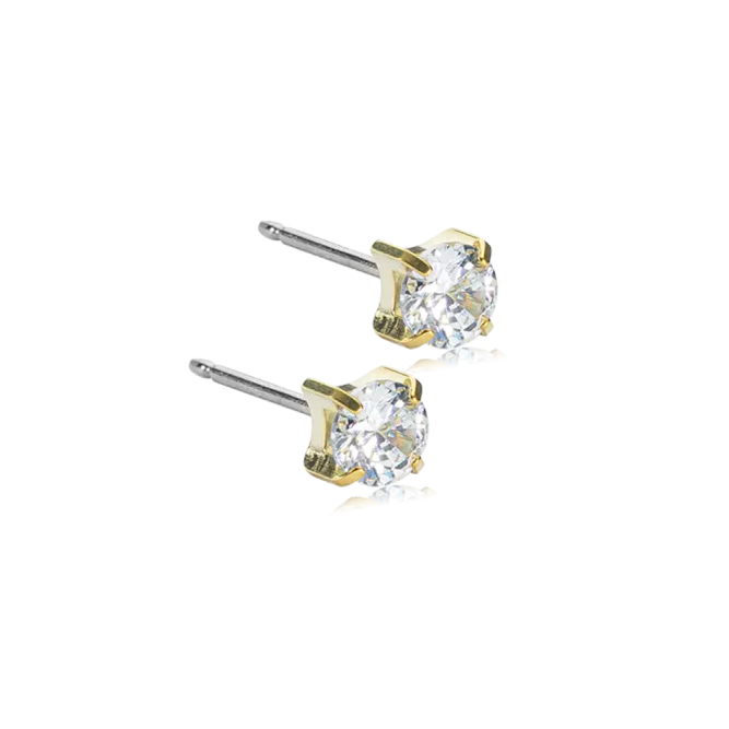 Oorbellen Blomdahl titanium knopje 5 mm. zirconiasteentje goudkleurig (incl. achterkantjes) - Staartjes en Strikjes