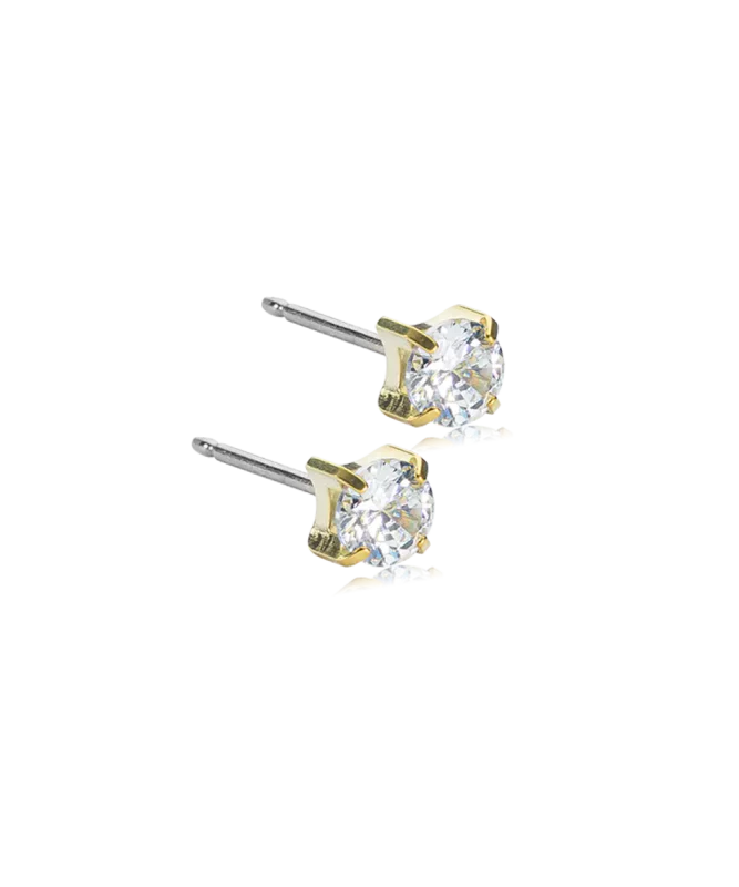 Oorbellen Blomdahl titanium knopje 5 mm. zirconiasteentje goudkleurig (incl. achterkantjes) - Staartjes en Strikjes