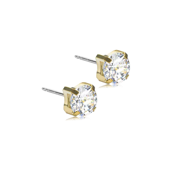 Oorbellen Blomdahl titanium knopje 7 mm. zirconiasteentje goudkleurig (incl. achterkantjes) - Staartjes en Strikjes