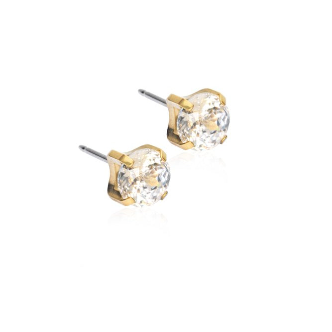 Oorbellen Blomdahl titanium knopje 7 mm. zirconiasteentje goudkleurig warm shiner (incl. achterkantjes) - Staartjes en Strikjes