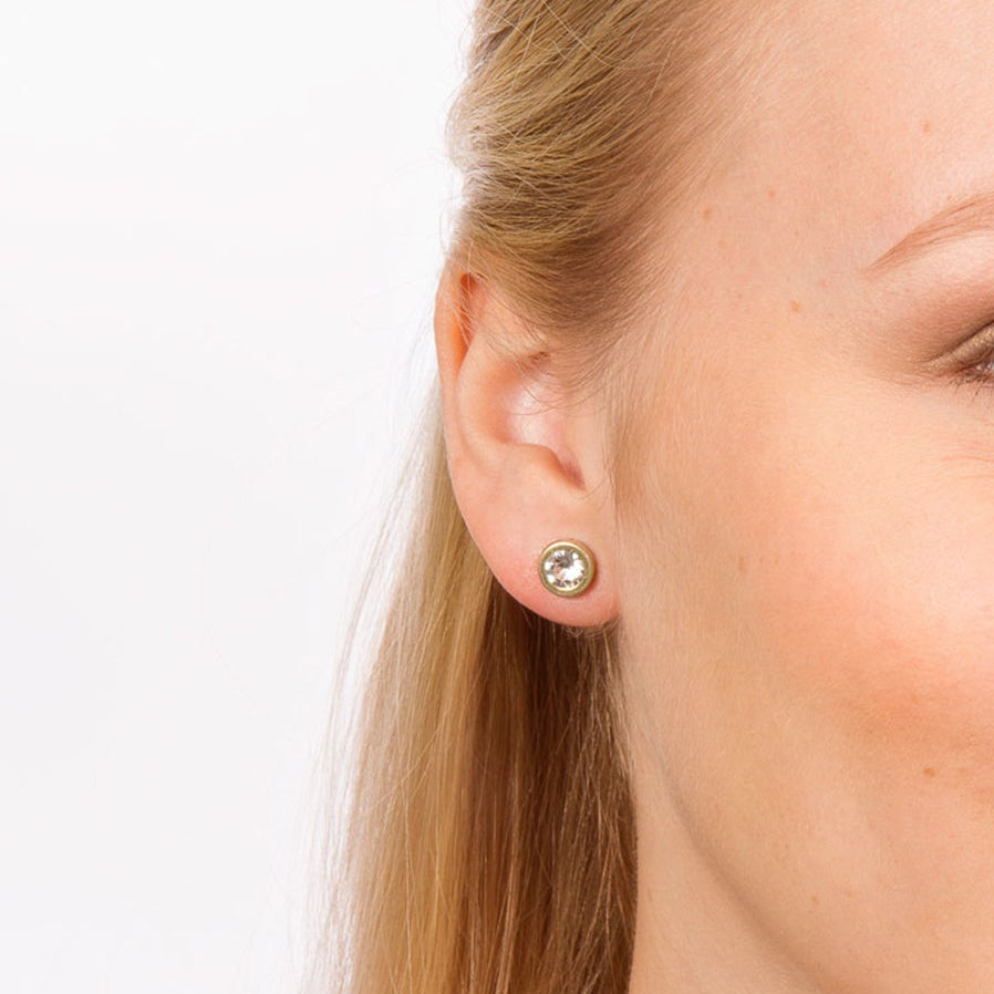 Oorbellen Blomdahl titanium rondje goudkleurig met crystal 8 mm. (incl. vlindersluiting) - Staartjes en Strikjes
