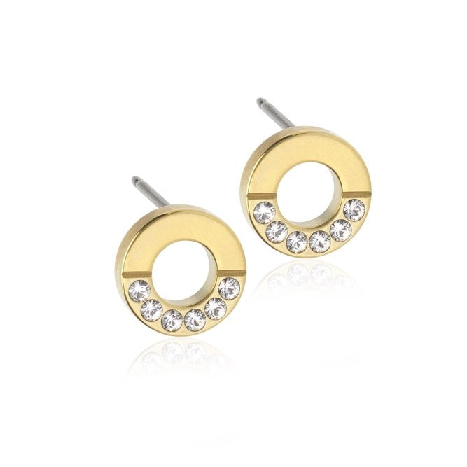 Oorbellen Blomdahl titanum rondje goudkleurig met kristalletjes (incl. achterkantjes) - Staartjes en Strikjes