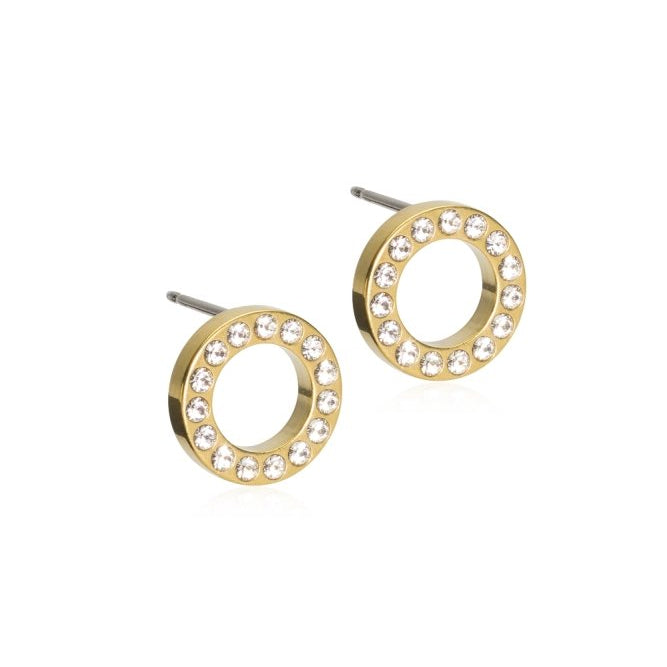 Oorbellen Blomdahl titanum rondje open goudkleurig met crystalletjes (incl. achterkantjes) - Staartjes en Strikjes