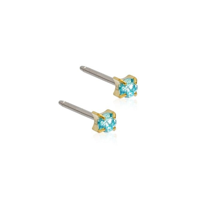 Oorbellen Blomdahl titanium knopje 3 mm. zirconiasteentje goudkleurig aquamarine (incl. achterkantjes)