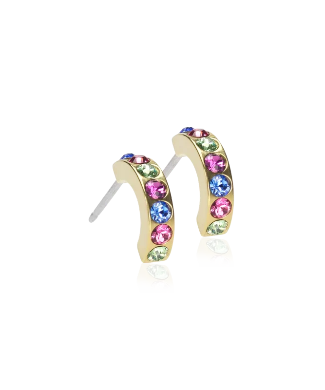 Oorbellen Blomdahl titanium boogje goudkleurig met crystal steentjes gekleurd 10 mm. (incl. achterkantjes)