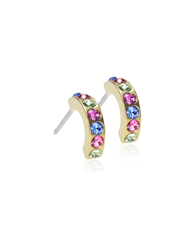 Oorbellen Blomdahl titanium boogje goudkleurig met crystal steentjes gekleurd 10 mm. (incl. achterkantjes) - Staartjes en Strikjes