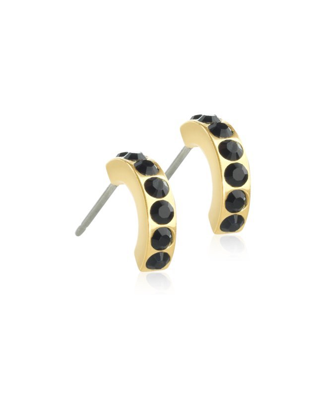 Oorbellen Blomdahl titanium boogje goudkleurig met zwarte kristalletjes 10 mm. (incl. achterkantjes)