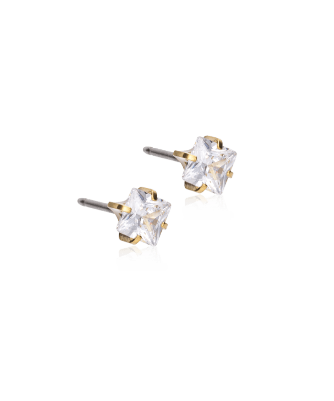 Oorbellen Blomdahl titanium goudkleurig knopje 5 mm. zirconiasteentje