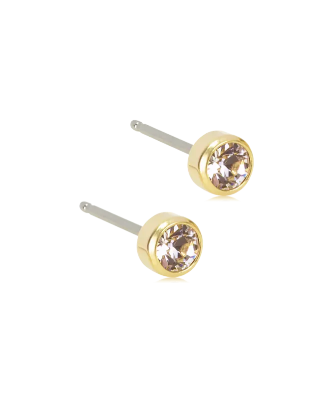 Oorbellen Blomdahl titanium knopje 4 mm. crystal goudkleurig (incl. achterkantjes) - Staartjes en Strikjes