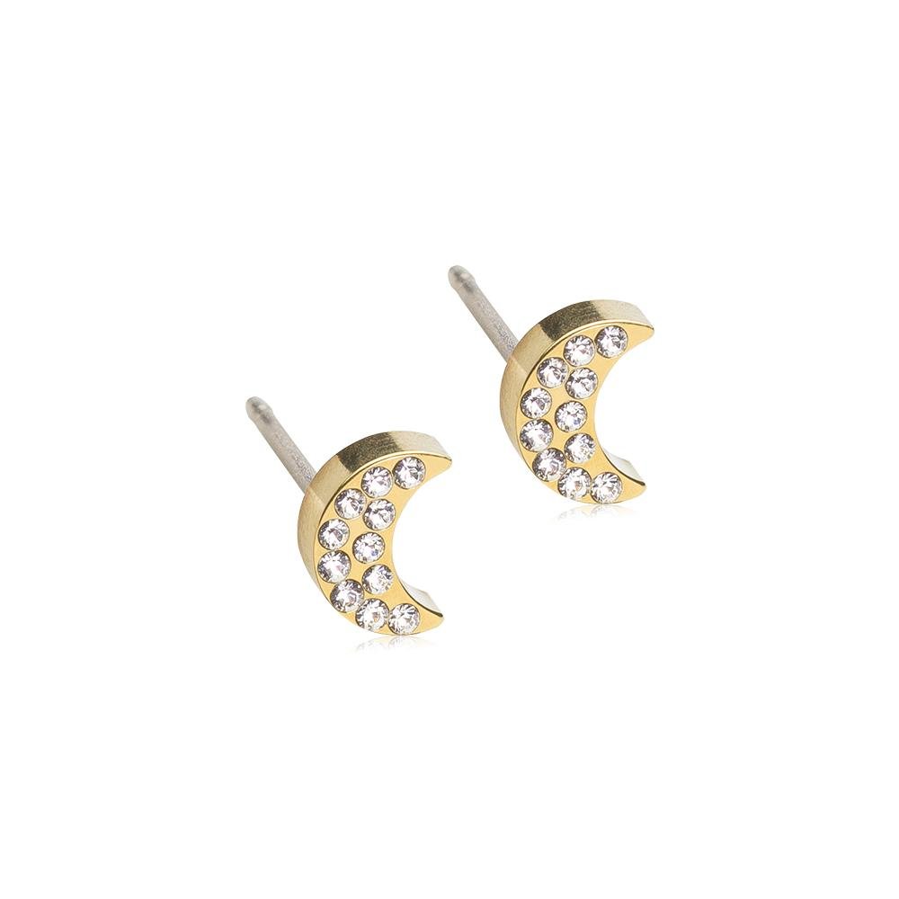 Oorbellen Blomdahl titanium maan goudkleurig met crystal 6 mm. - Staartjes en Strikjes
