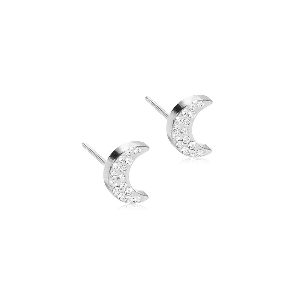 Oorbellen Blomdahl titanium maan zilverkleurig met Swarovski kristalletjes. - Staartjes en Strikjes