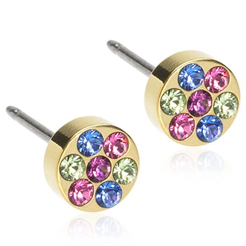 Oorbellen Blomdahl titanium rondje goudkleurig met gekleurde kristalletjes (incl. achterkantjes) - Staartjes en Strikjes