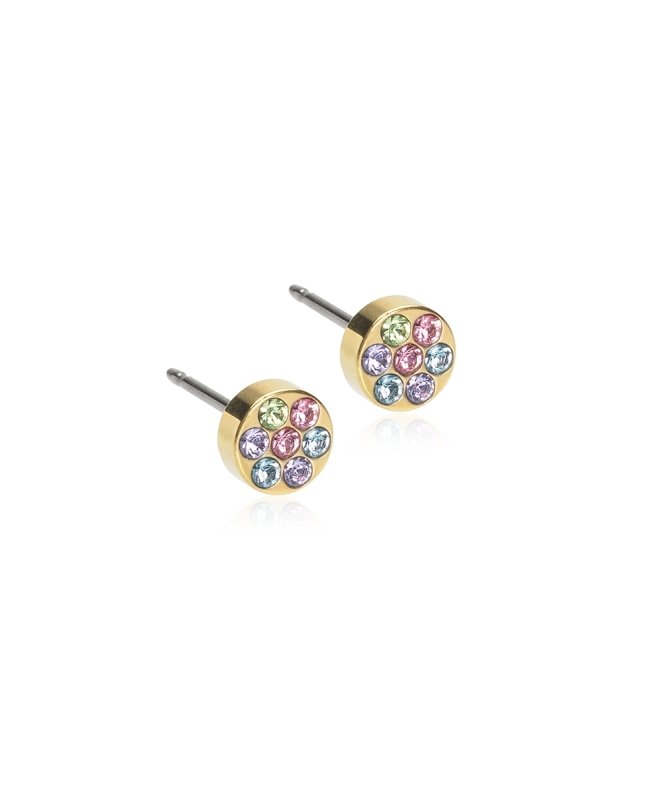 Oorbellen Blomdahl titanium rondje goudkleurig licht gekleurde kristalletjes (incl. achterkantjes) - Staartjes en Strikjes