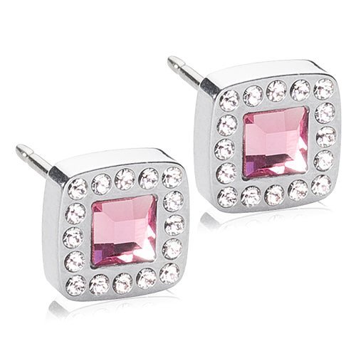 Oorbellen Blomdahl titanium vierkantje 8 mm. met kristalletje/roze (incl. achterkantjes)
